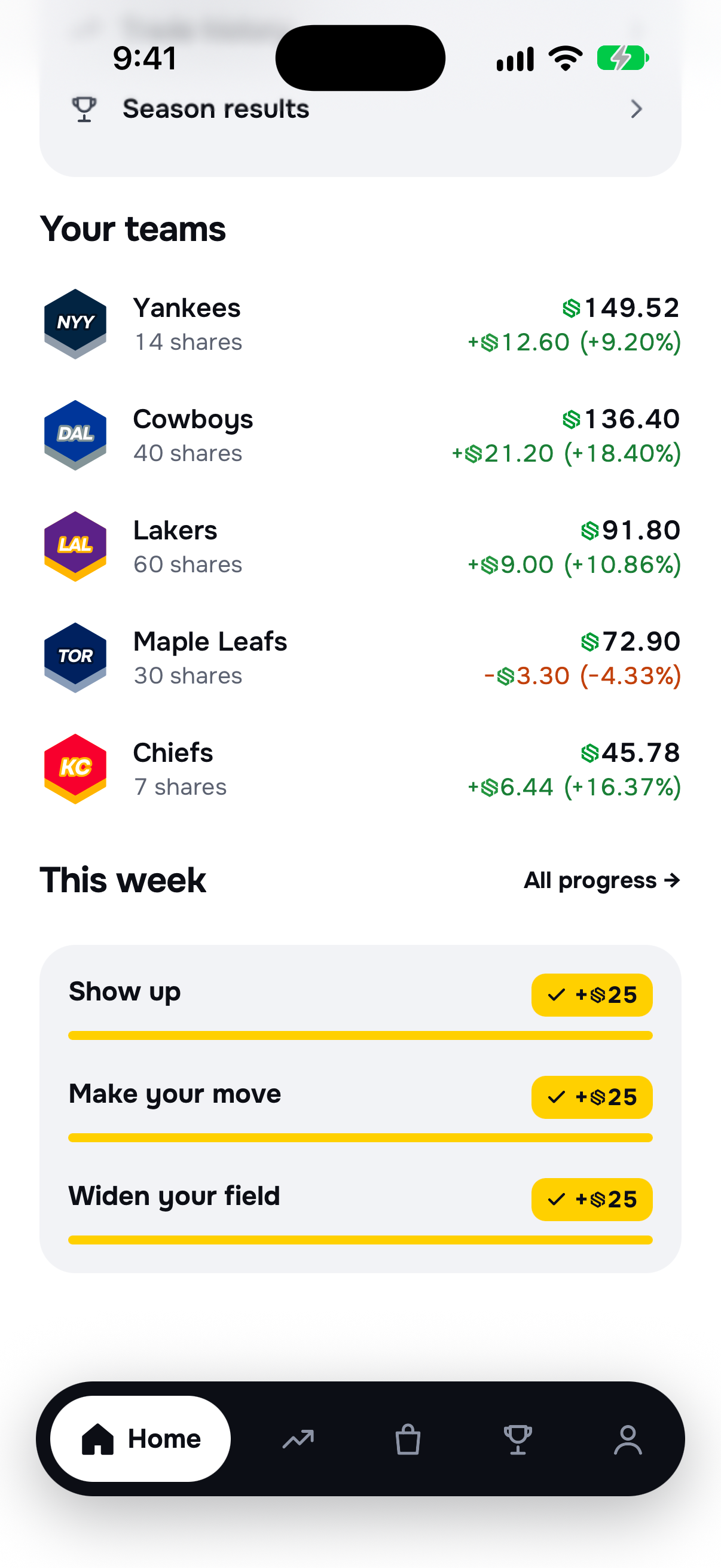 Sporty Stocks Your teams screen: Yankees, Cowboys, Lakers, Maple Leafs and Chiefs with share values and gains, plus weekly challenges